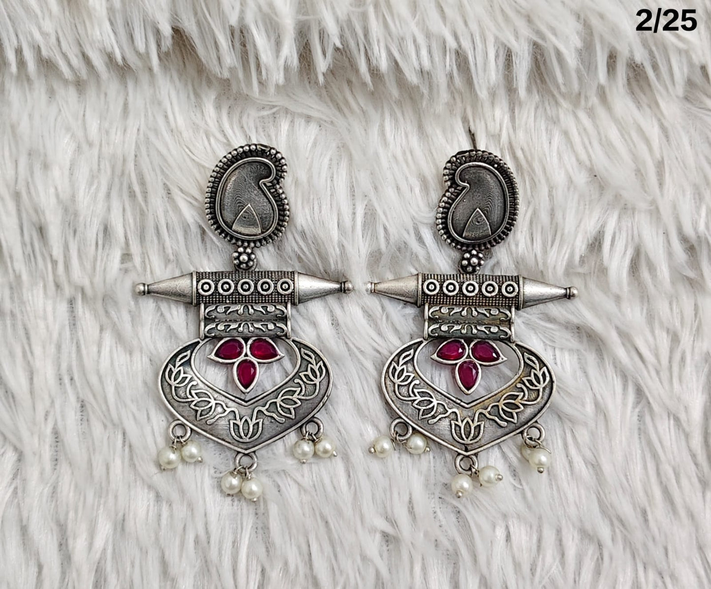 Oxidised Tribal Drop Earrings with Engraved Motif and Pearl Danglers – Antique Finish