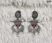 Oxidised Tribal Drop Earrings with Engraved Motif and Pearl Danglers – Antique Finish