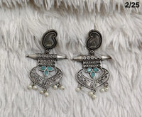 Oxidised Tribal Drop Earrings with Engraved Motif and Pearl Danglers – Antique Finish