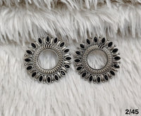 Oxidised Circular Stud Earrings with Leaf Motif Design – Antique Finish
