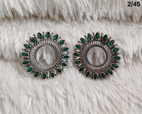 Oxidised Circular Stud Earrings with Leaf Motif Design – Antique Finish