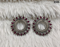 Oxidised Circular Stud Earrings with Leaf Motif Design – Antique Finish