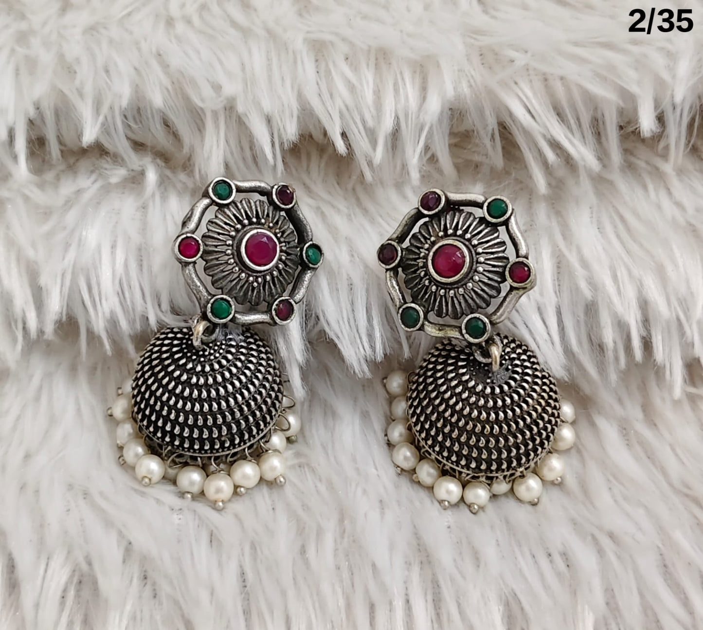 Oxidised Dome Earrings with Floral Stud and Pearl Detailing – Ethnic Design