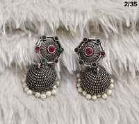 Oxidised Dome Earrings with Floral Stud and Pearl Detailing – Ethnic Design