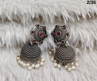 Oxidised Dome Earrings with Floral Stud and Pearl Detailing – Ethnic Design