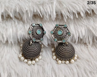 Oxidised Dome Earrings with Floral Stud and Pearl Detailing – Ethnic Design