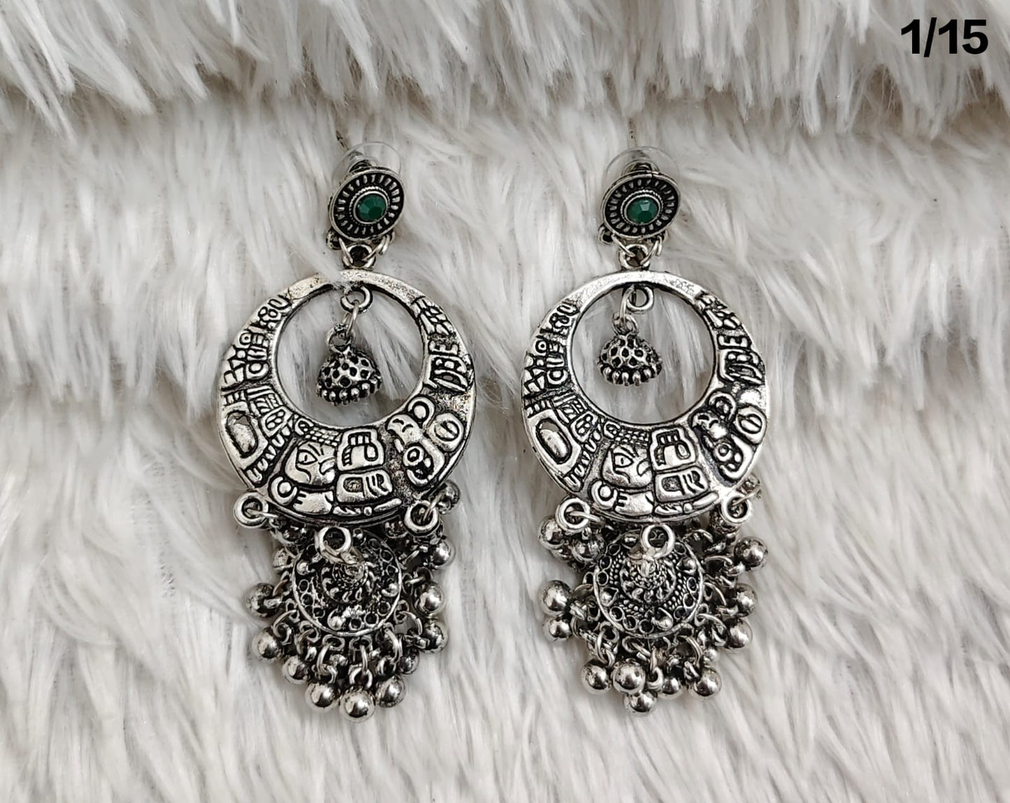 Oxidised Boho Tribal Dangler Earrings with Engraved Hoop and Jhumki Detail