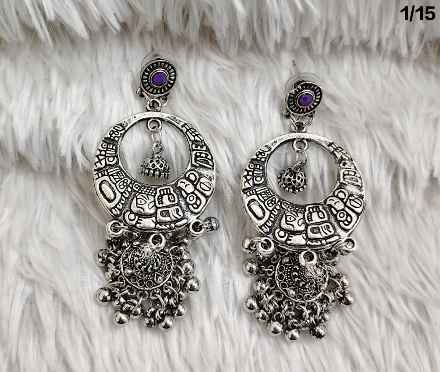 Oxidised Boho Tribal Dangler Earrings with Engraved Hoop and Jhumki Detail