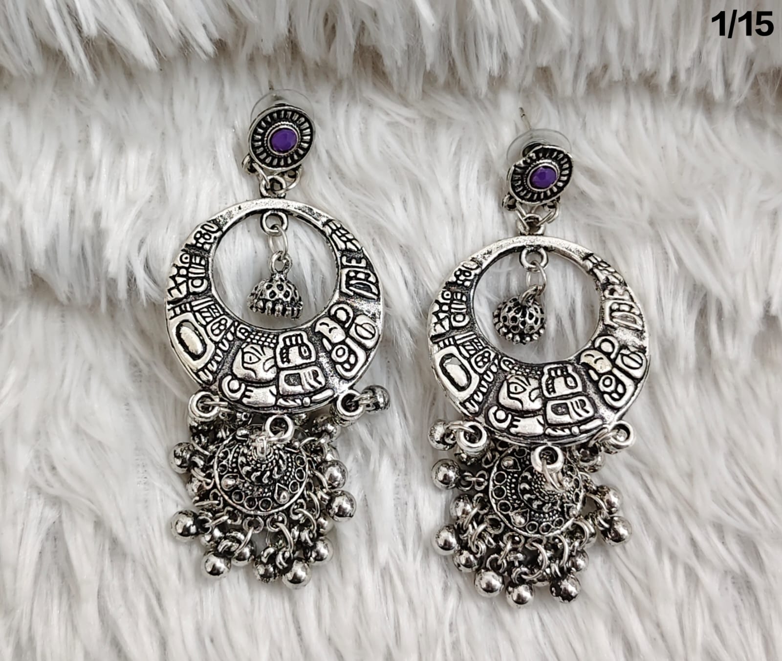 Oxidised Boho Tribal Dangler Earrings with Engraved Hoop and Jhumki Detail