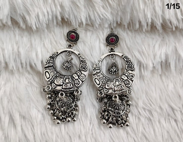 Oxidised Boho Tribal Dangler Earrings with Engraved Hoop and Jhumki Detail