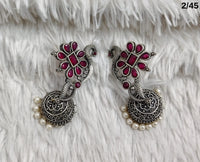 Peacock Design Oxidized Jhumka Earrings with Pearl Detailing