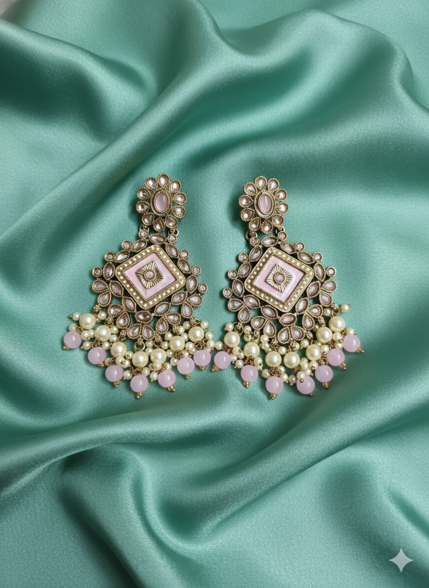 Blush Pink Enamel Floral Pearl Drops Earrings