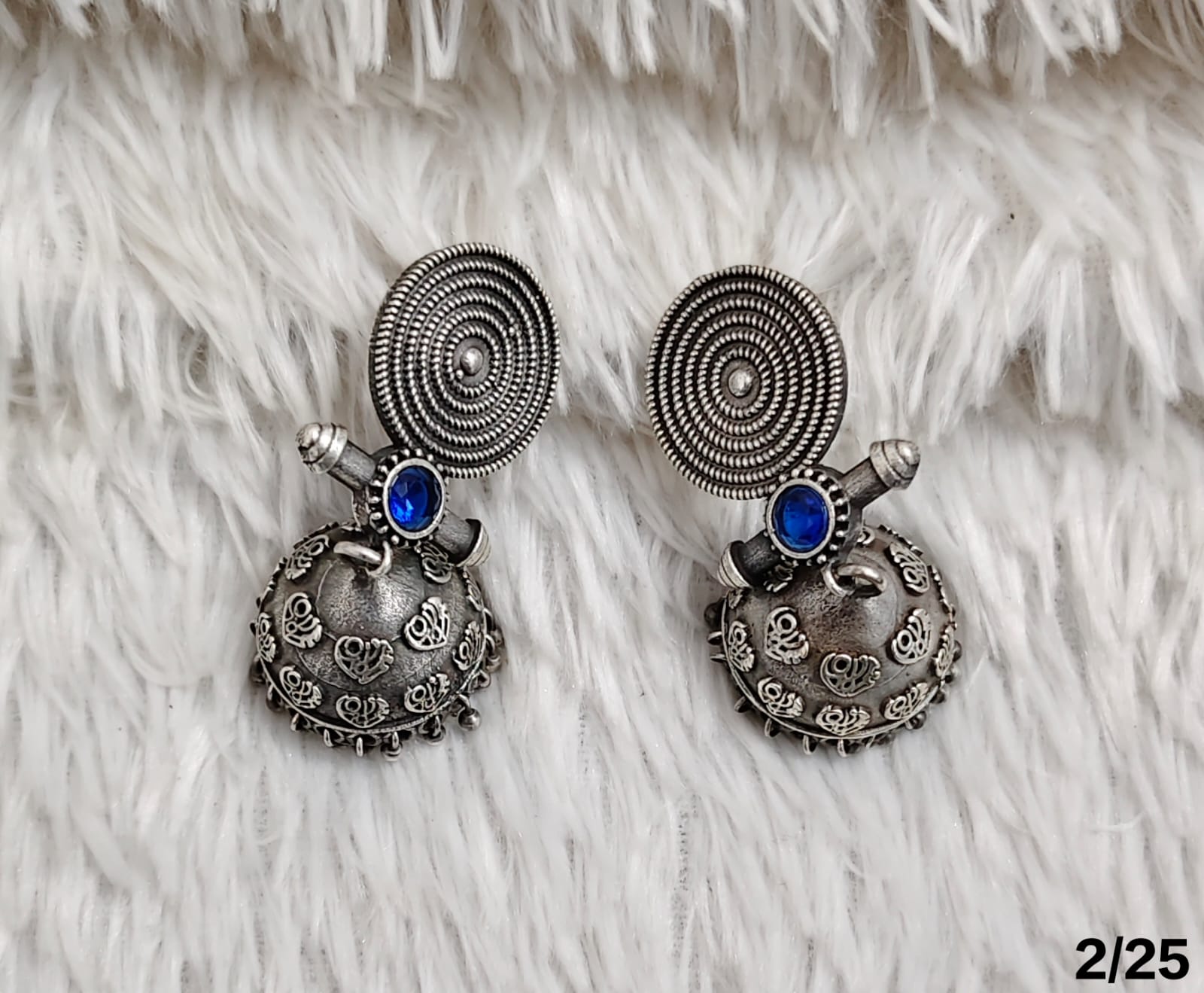 Oxidized Spiral Top Jhumka Earrings with Stone Accent