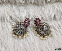 Floral Stud Oxidized Jhumka Earrings with Pearl Detailing