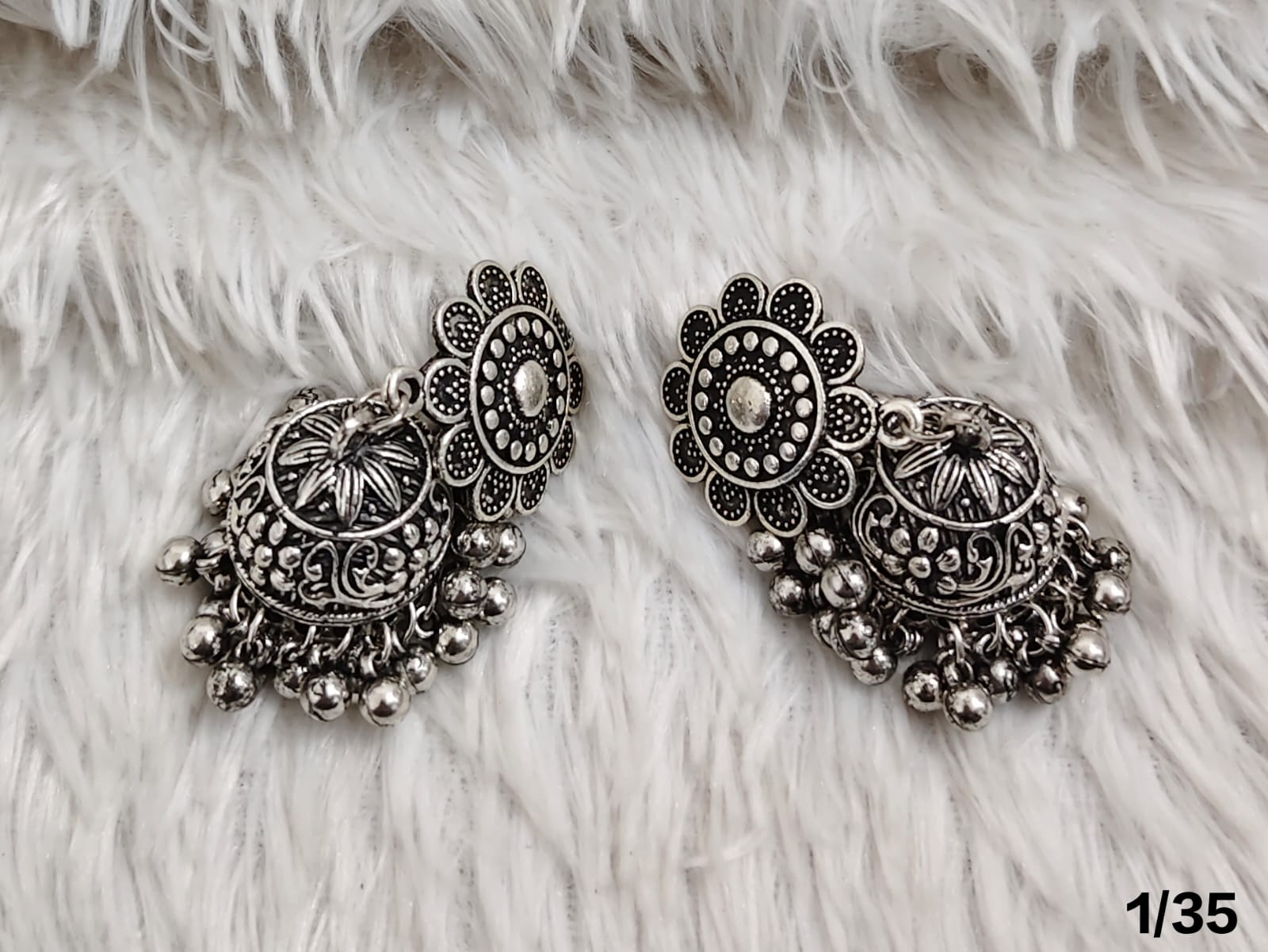Vintage Floral Silver Oxidized Jhumka Earrings with Dangling Beads