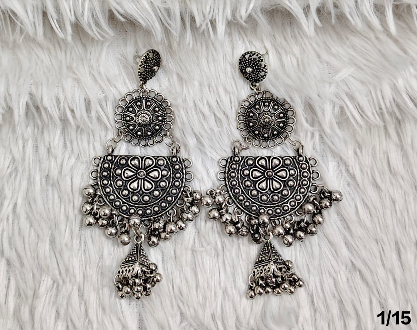 Boho Chic Silver Oxidized Statement Earrings with Floral Motif & Dangling Bells