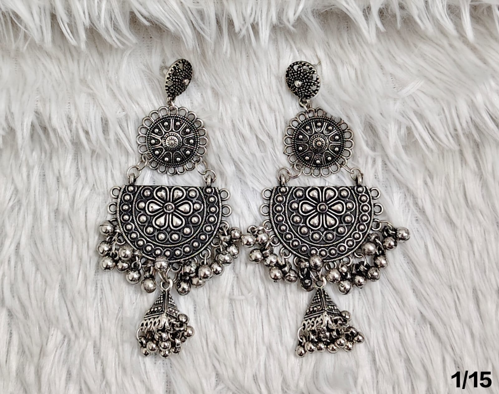 Boho Chic Silver Oxidized Statement Earrings with Floral Motif & Dangling Bells