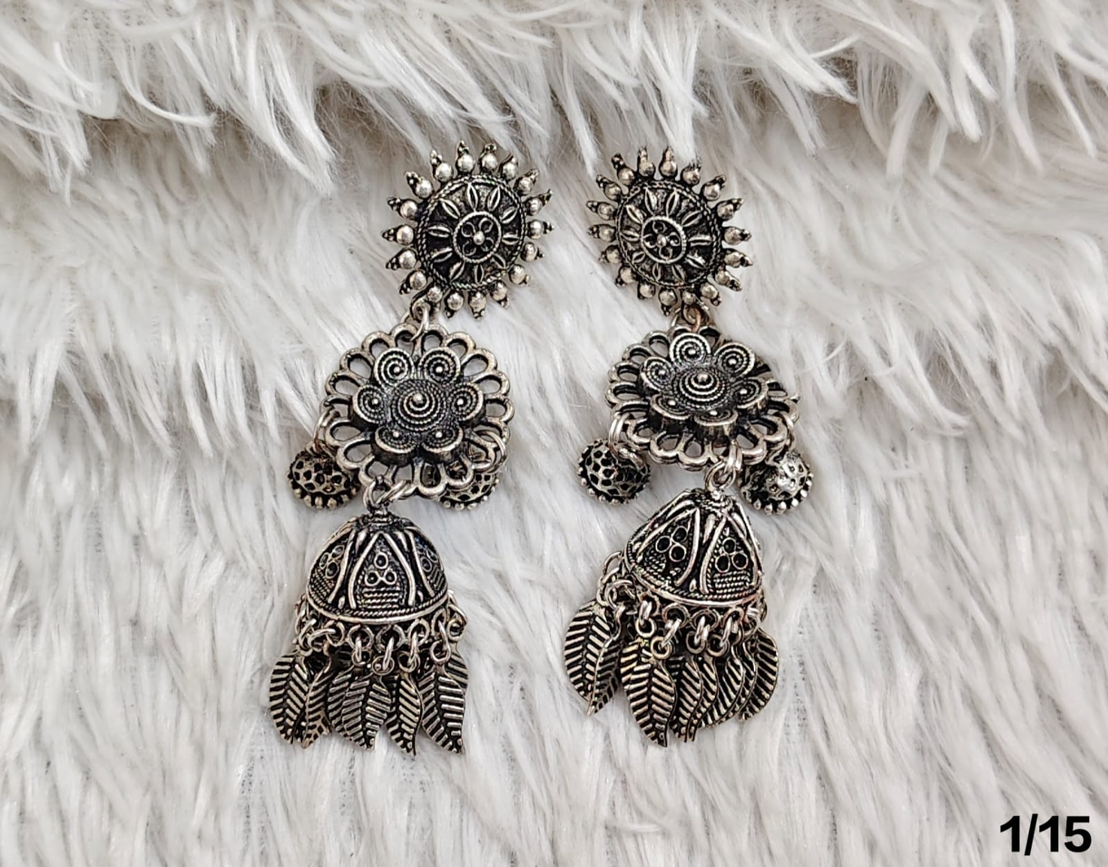 Boho Silver Leaf Dangle Earrings - Intricate Ethnic Jewelry