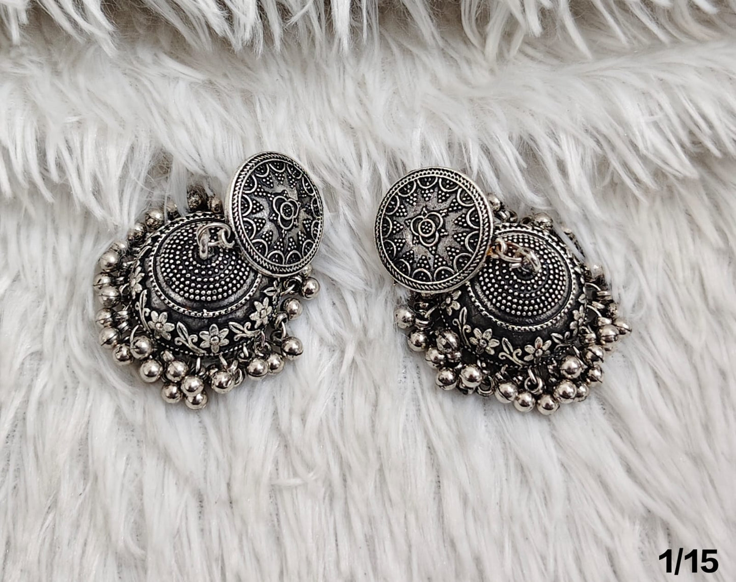 Vintage Silver Oxidized Tribal Jhumka Earrings with Floral Detailing & Dangling Bells