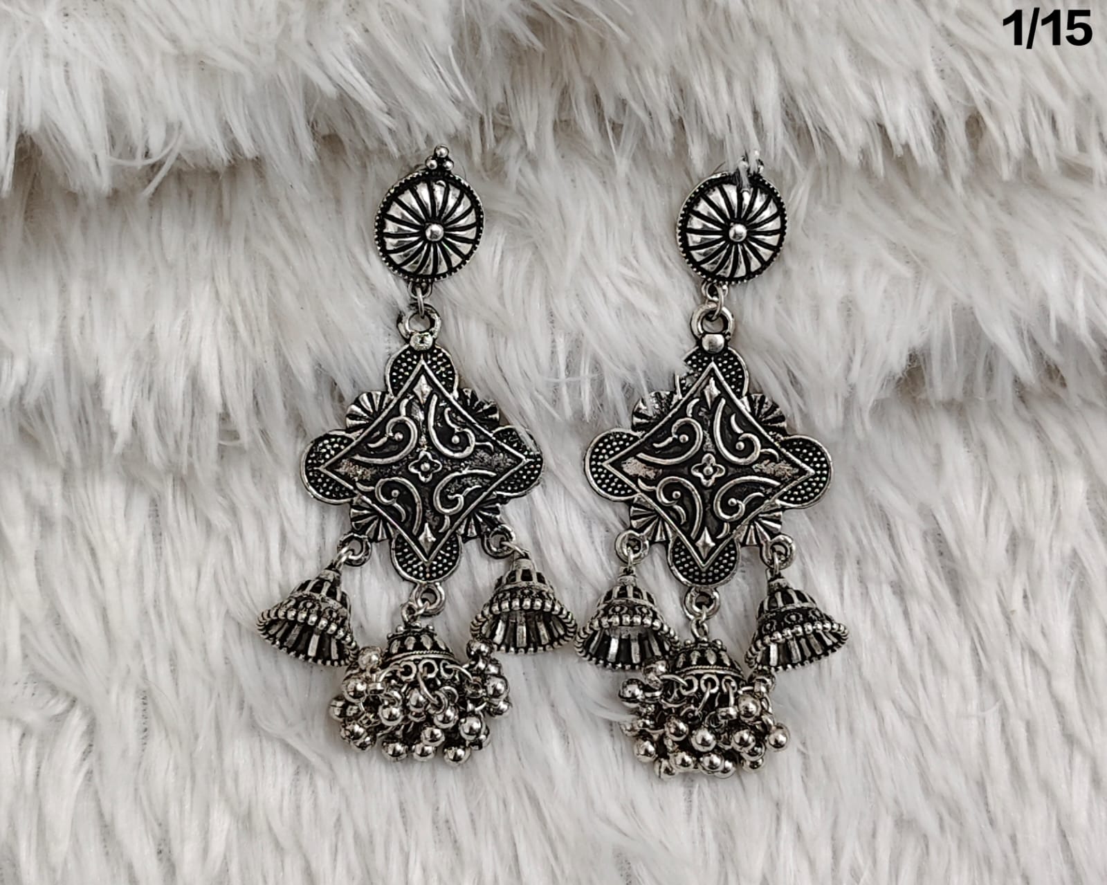 Elegant Silver Oxidized Dangling Earrings with Bell Charms