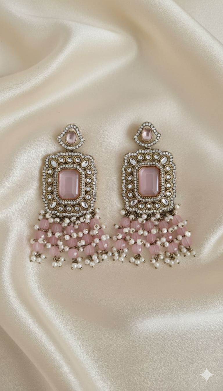 Pastel Pink & Gold Rectangle Chandelier Earrings