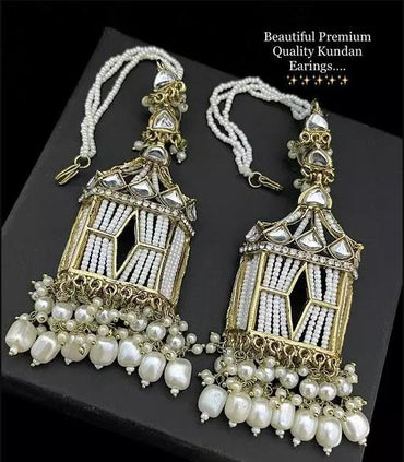 CZ Stone Jhumka Earrings with Pearl Beads & Ear Chain – Traditional Bridal Jewellery