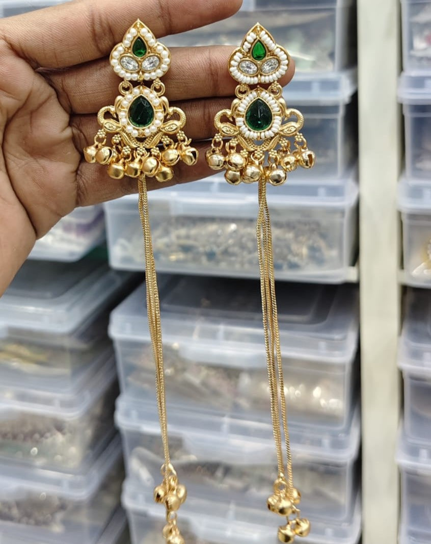 Emerald Kashmiri Long Chain Earrings
