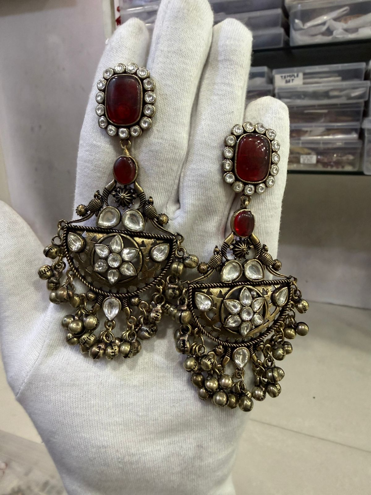 Ruby Red Gold Oxidized Earrings