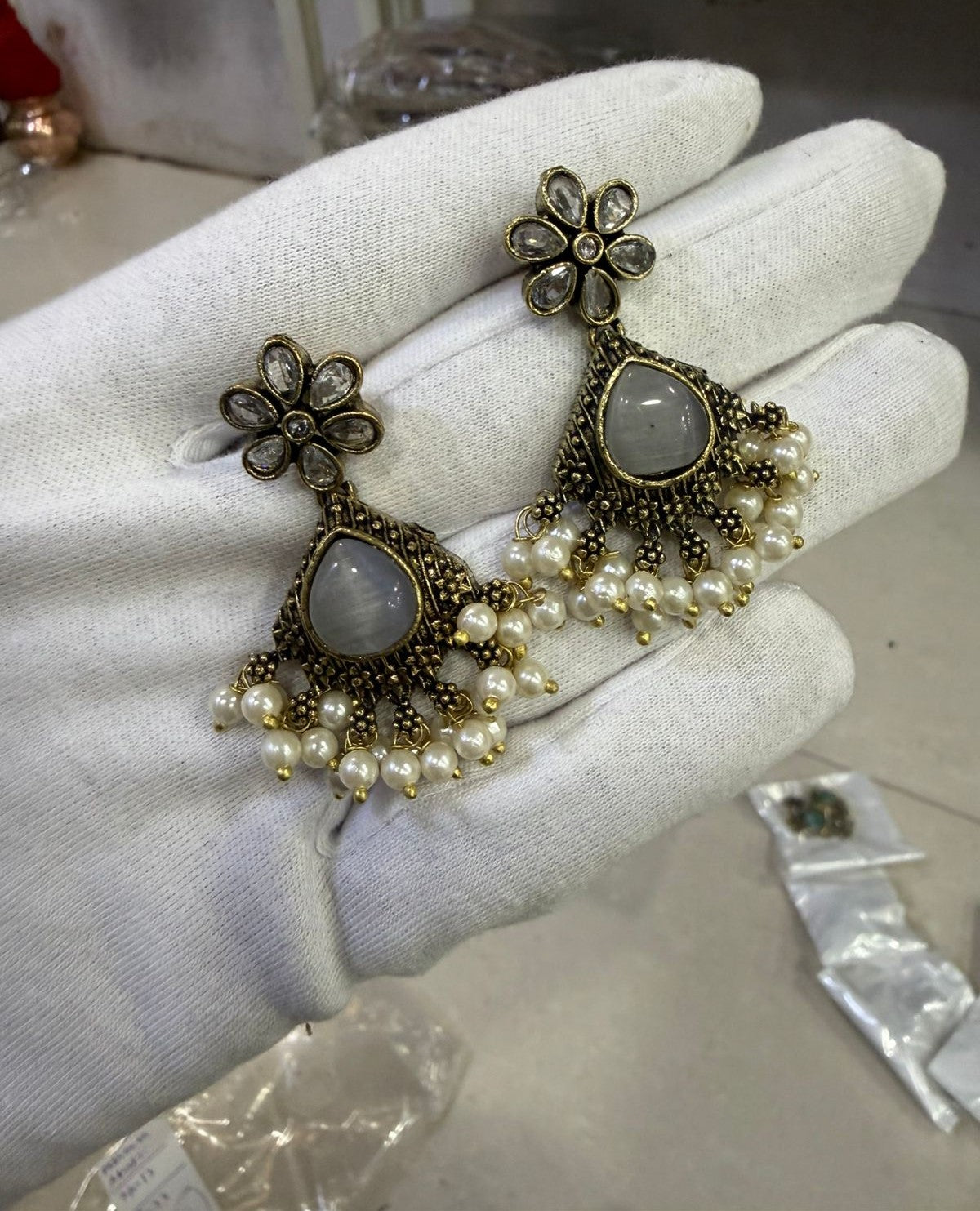 Antique Gold Pearls Drop Earrings