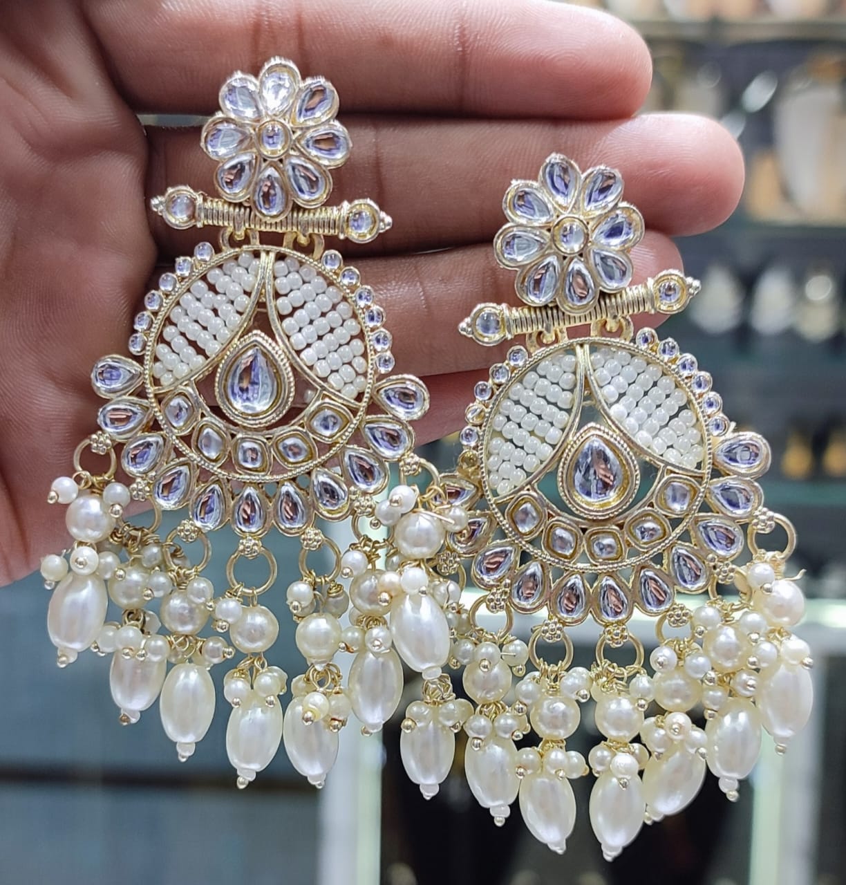 Stylish Kundan Pearl and Drops Earrings For Woman