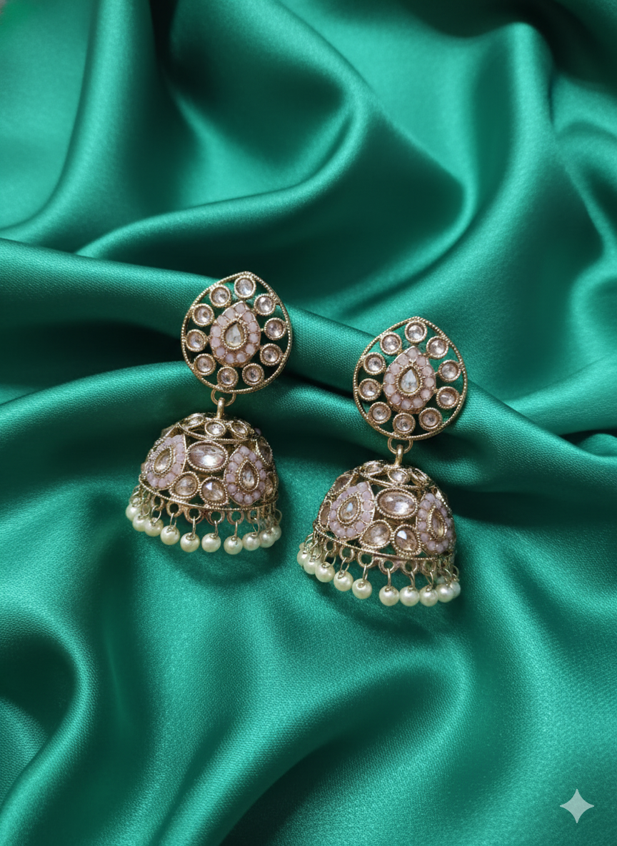 Antique Gold & Pink Enamel Jhumka Earrings