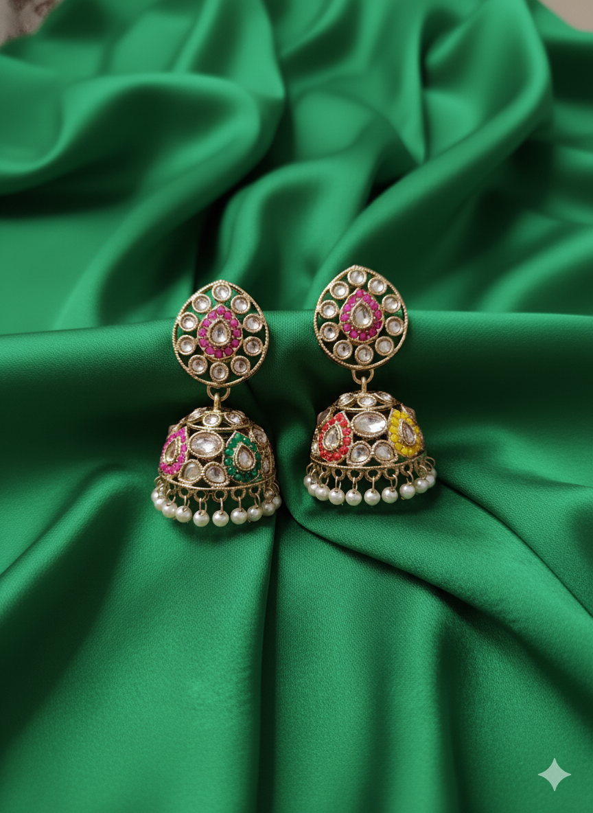Antique Gold & Pink Enamel Jhumka Earrings