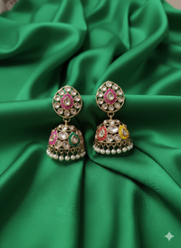 Antique Gold & Pink Enamel Jhumka Earrings