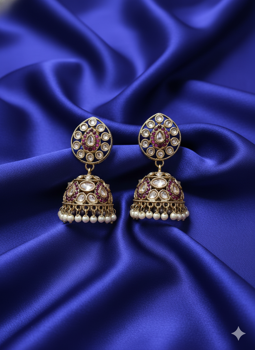 Antique Gold & Pink Enamel Jhumka Earrings