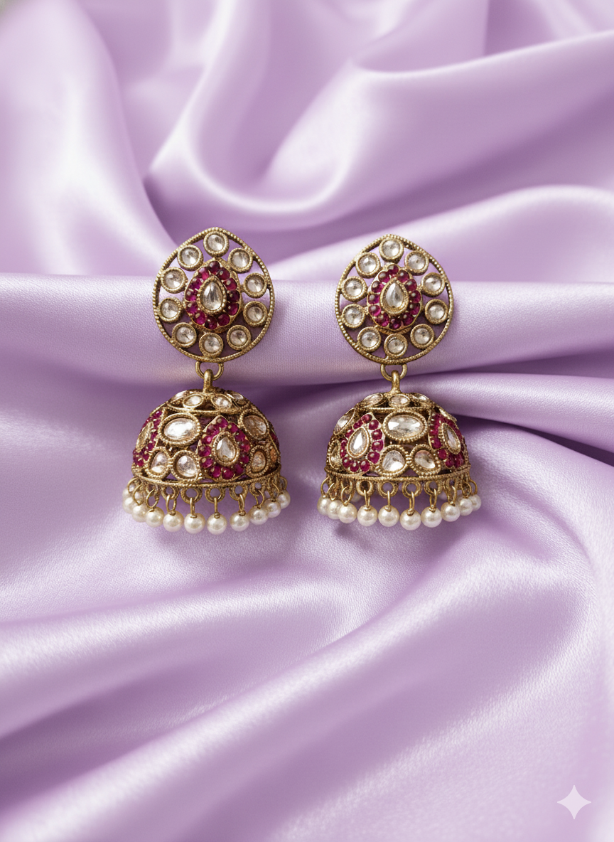 Antique Gold & Pink Enamel Jhumka Earrings