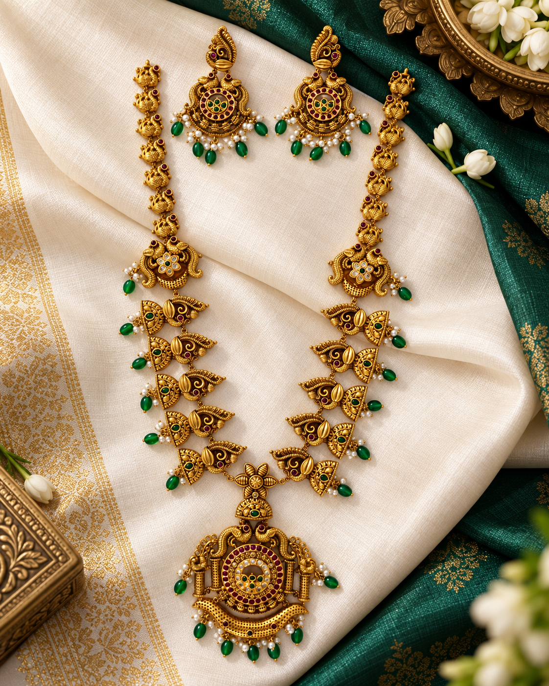 Temple Matte Gold Haram Set Long Necklace with Matching Earrings