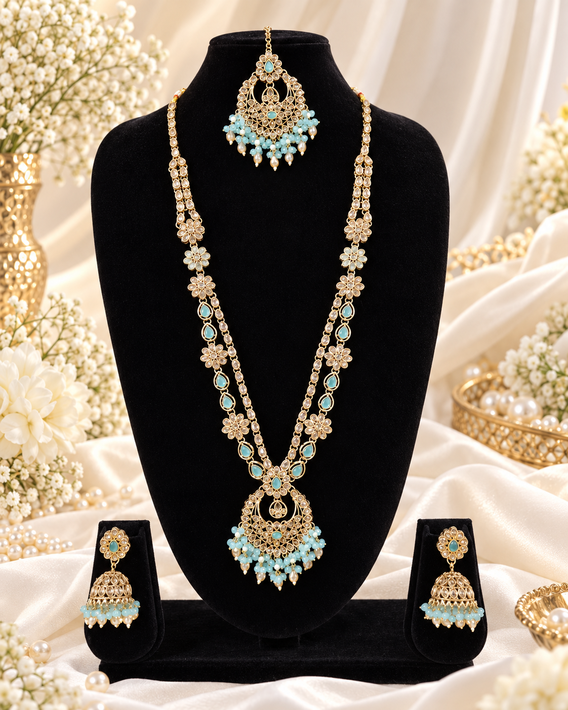 Rose Petal Pink Stone Long Necklace Set with Jhumkas