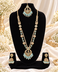 Rose Petal Pink Stone Long Necklace Set with Jhumkas