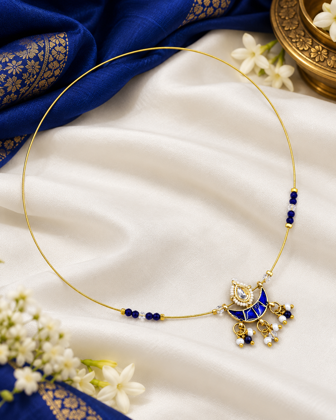 Invisible Wire Crescent Pendant Necklace with Beaded Accents