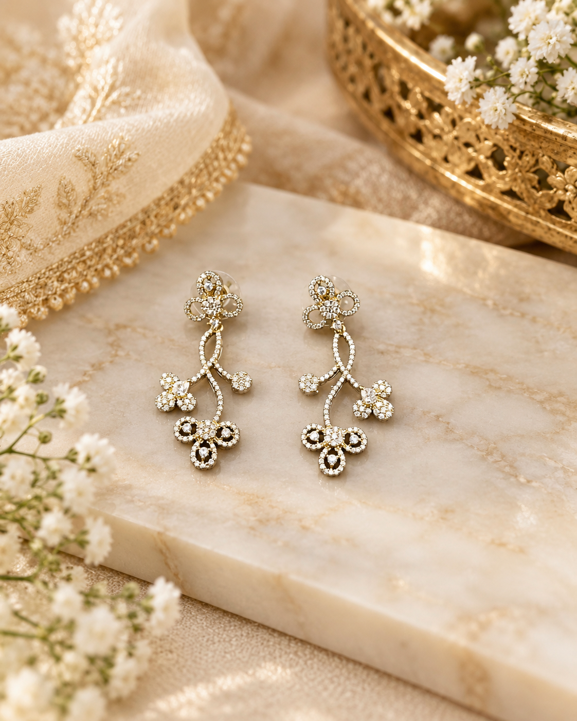Dainty White Zircon Floral Branch Earrings