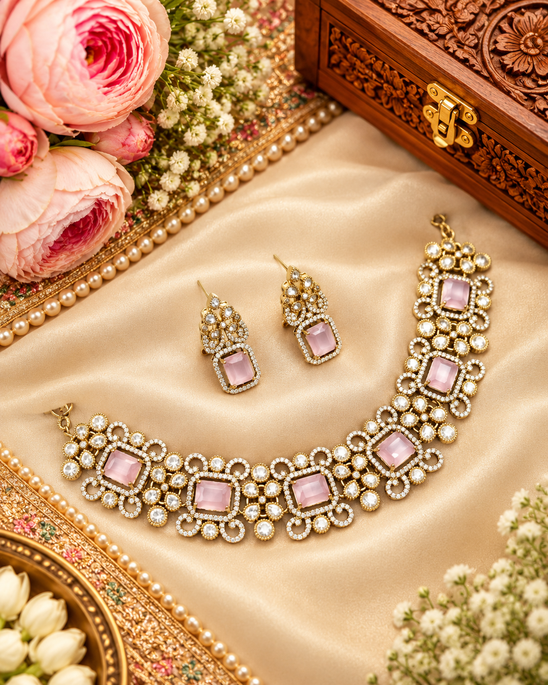 Statement Cushion Gemstone Choker Set with Pavé Floral Accents