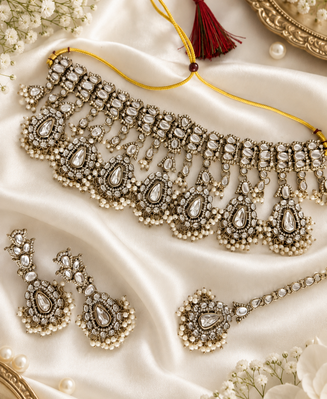 Antique Choker Necklace Set Pearl Drops Necklace Matching Earring & Maang Tikka For Women