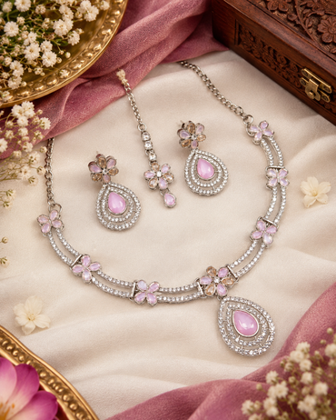 Crystal Teardrop Necklace Set with Matching Earrings & Maang Tikka