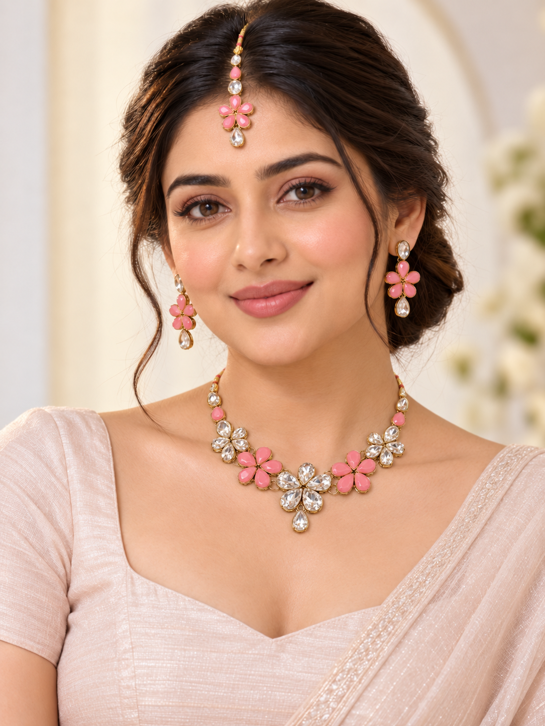 Vibrant Green & Clear Crystal Flower Jewellery Set