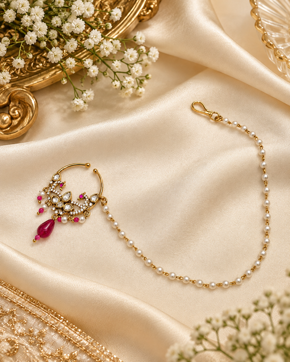 TRADITIONAL KUNDAN & DROP BEAD NOSE RING WITH HAIR CHAIN