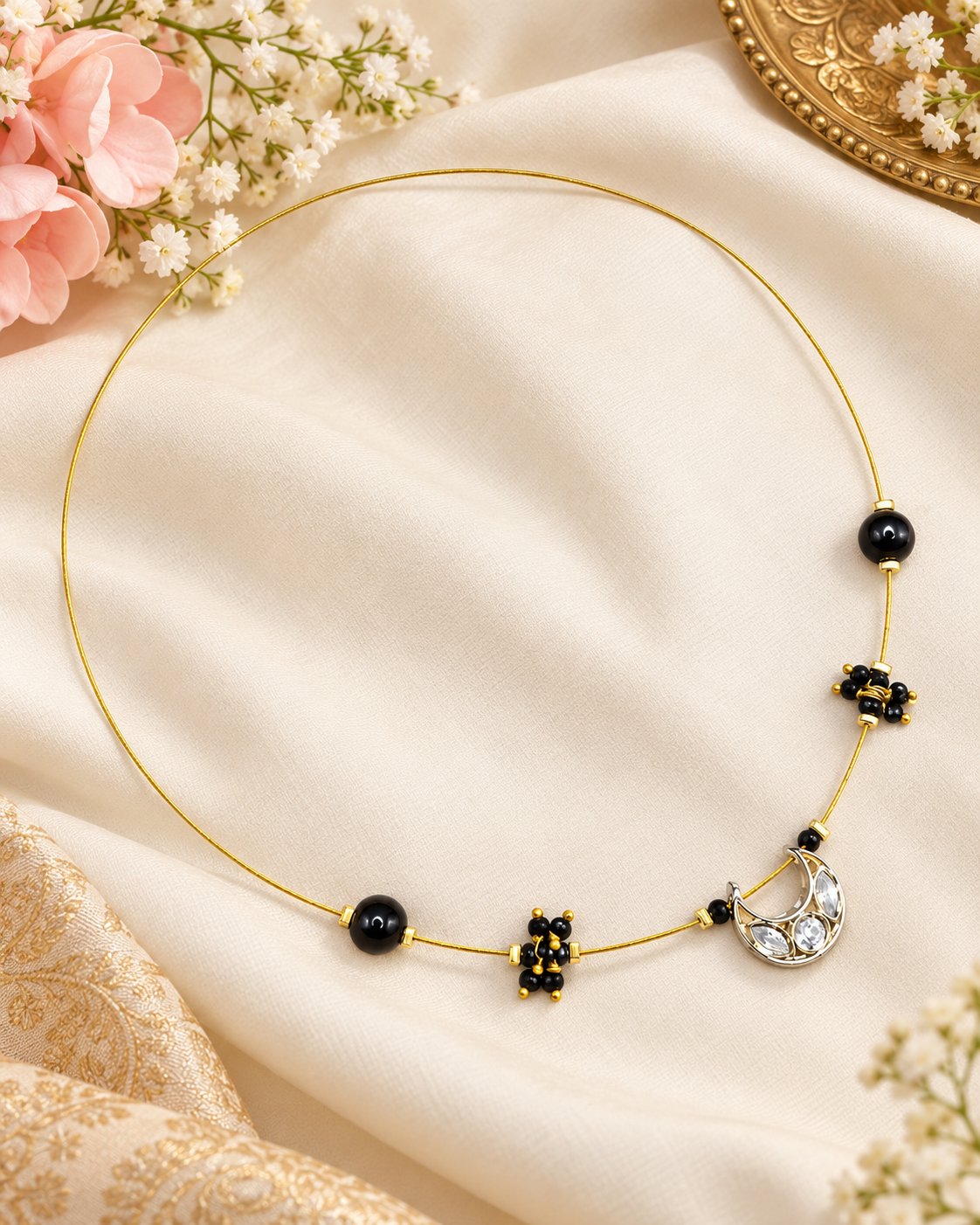 Invisible Wire Crescent Pendant Necklace with Black Bead Accents