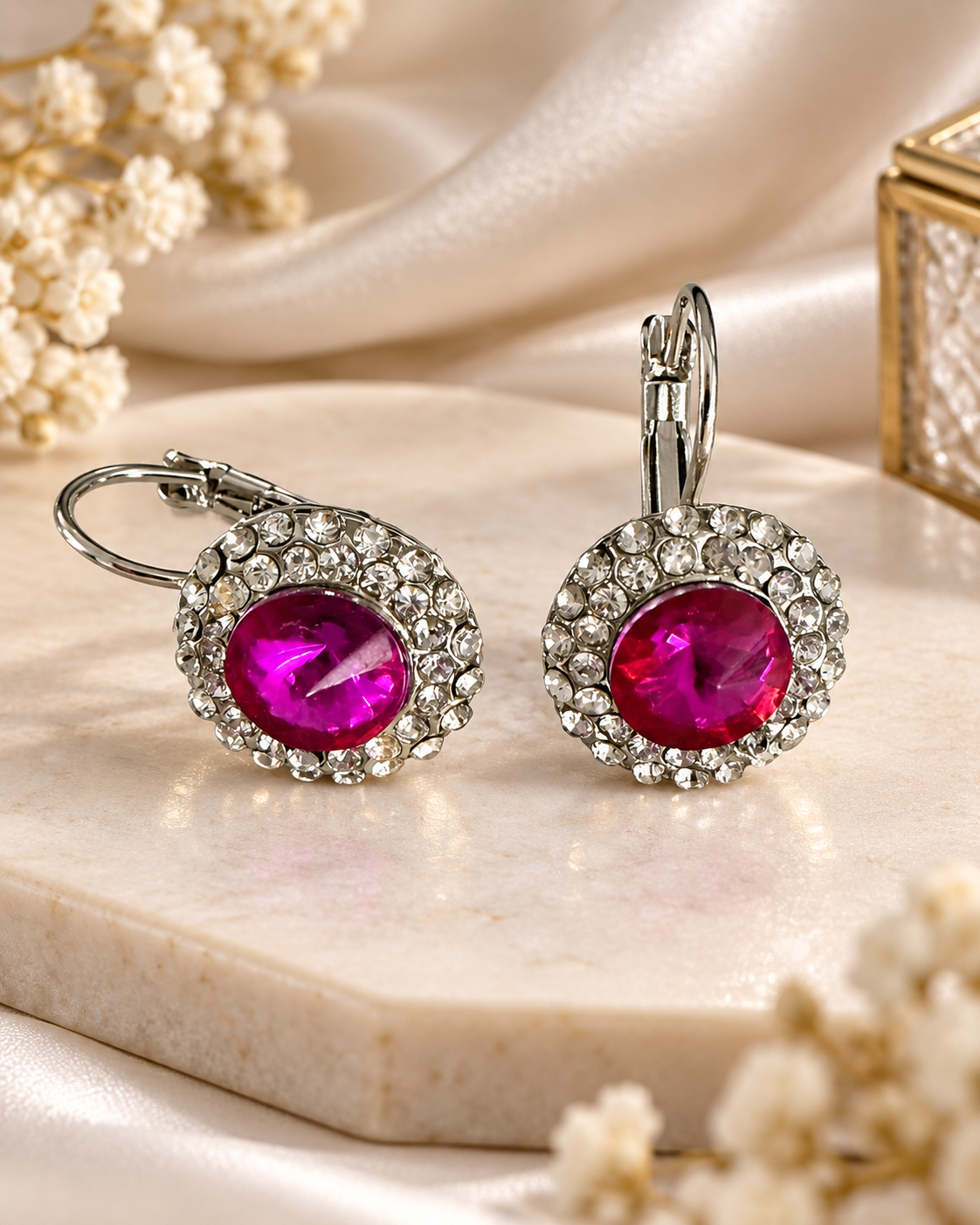Shimmering Purple Crystal Halo Earrings with Secure Leverback Closure