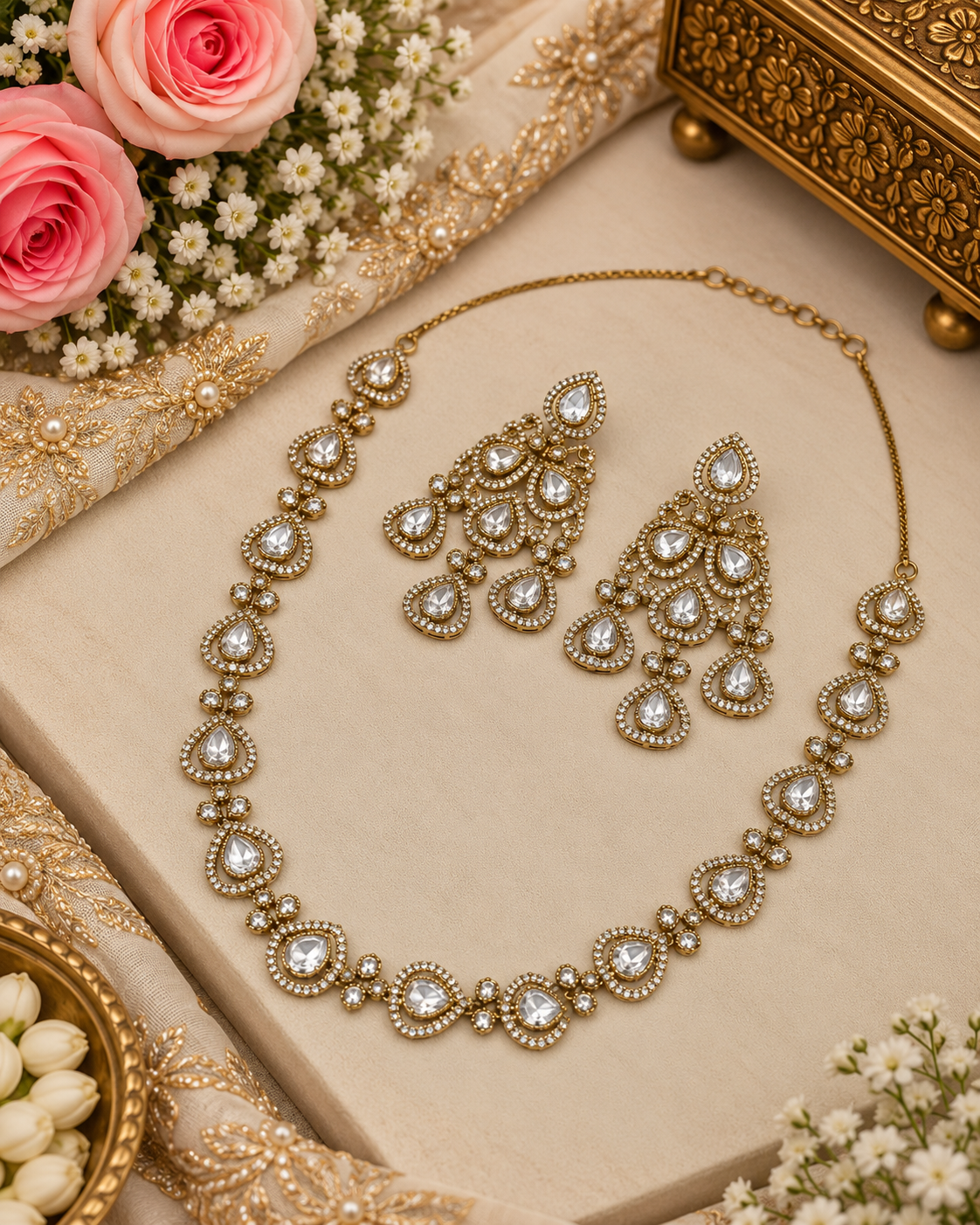 Delicate Heritage Kundan Necklace and Chandelier Earring Set