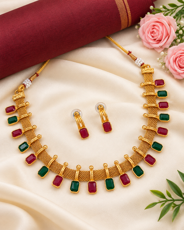 Gold Mesh Work Temple Necklace with Ruby Accents