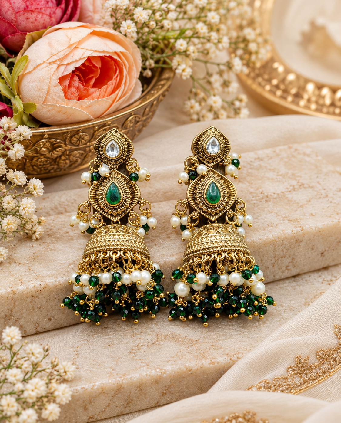 Antique Gold Finish Beaded Jhumka Earrings